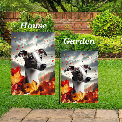 Whippet Grey/White- Best of Breed  Fall Leaves Outdoor House and Garden Flag
