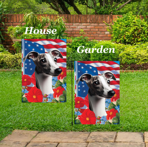 Whippet Grey/White- Best of Breed  Patriotic I All-American Outdoor House and Garden Flag