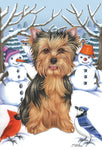 Yorkie Puppy Cut - Best of Breed Tomoyo Pitcher Winter Snowman Garden Flag 12" x 17"