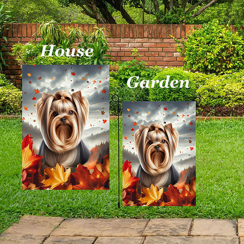 Yorkie Show Cut - Best of Breed  Fall Leaves Outdoor House and Garden Flag