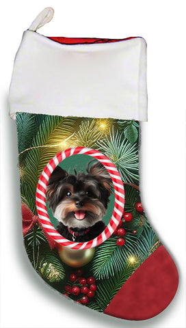 Yorkiepoo Black- Best of Breed  Christmas Stocking 13.5"  Red Gaming Cloth with Red Lining ,Plush White Cuff