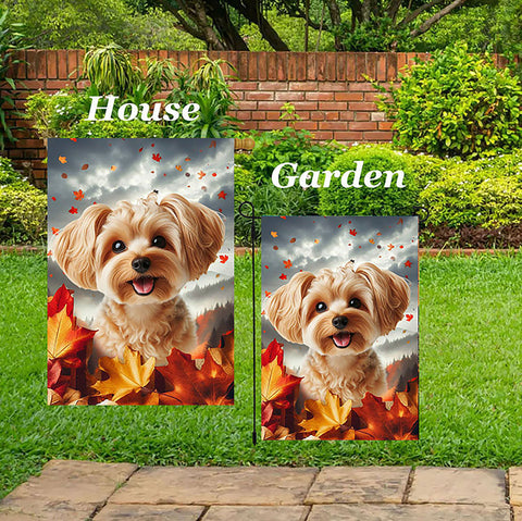 Yorkiepoo Gold - Best of Breed  Fall Leaves Outdoor House and Garden Flag