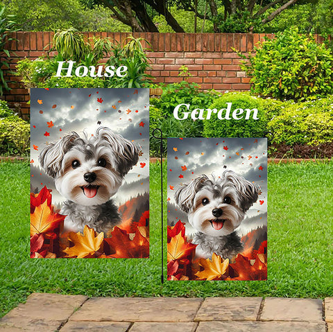 Yorkiepoo Silver -  Best of Breed  Fall Leaves Outdoor House and Garden Flag