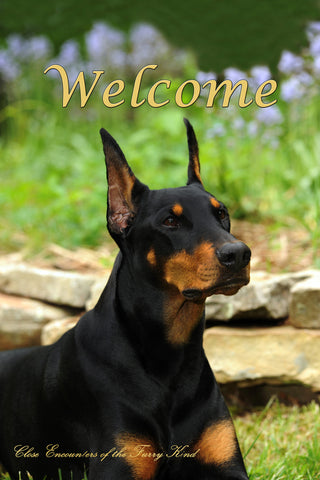 Doberman Cropped - Close Encounters of the Furry Kind Welcome  House and Garden Flags