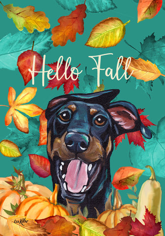 Doberman B/T Uncropped - Hippie Hound Studios Fall Leaves  House and Garden Flags