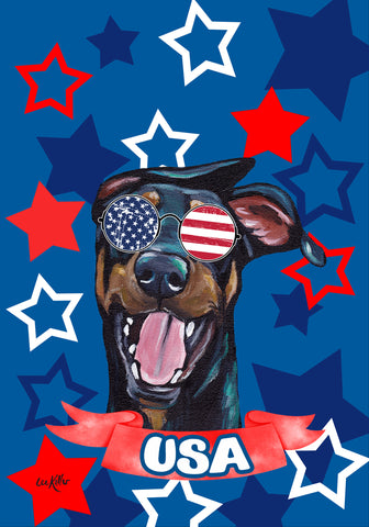 Doberman B/T Uncropped - Hippie Hound Studios Patriotic  House and Garden Flags
