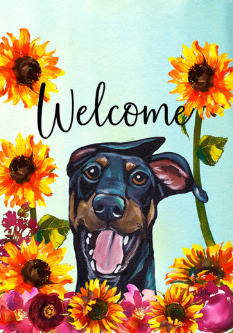 Doberman B/T Uncropped - Hippie Hound Studios Welcome  House and Garden Flags