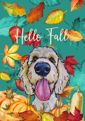 Goldendoodle  - Hippie Hound Studios Fall Leaves  House and Garden Flags