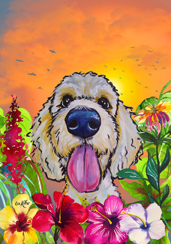 Goldendoodle  - Hippie Hound Studios Tropical Summer  House and Garden Flags