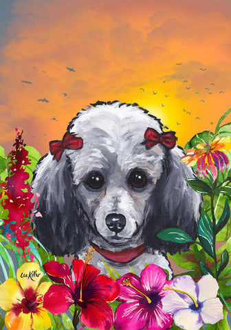 Poodle Grey - Hippie Hound Studios Tropical Summer  House and Garden Flags