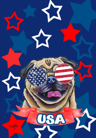 Pug Fawn - Hippie Hound Studios Patriotic  House and Garden Flags