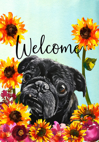 Pug Black - Hippie Hound Studios Welcome  House and Garden Flags