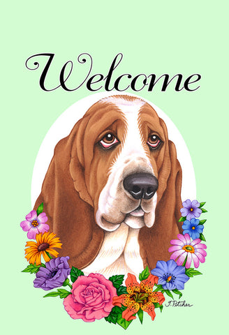 Basset Hound  - Best of Breed Welcome Flowers Outdoor Flag