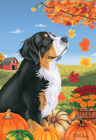Bernese Mountain Dog -  Tomoyo Pitcher Autumn Leaves Outdoor Flag