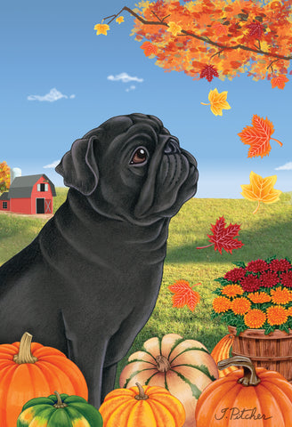 Pug  Black- Tomoyo Pitcher Autumn Leaves Outdoor Flag