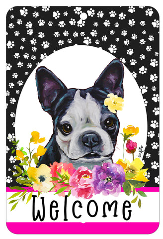 Boston Terrier - HHS Paw Prints Welcome Indoor/Outdoor Aluminum Sign 8" x 12"