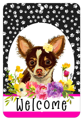 Chihuahua Gizmo - HHS Paw Prints Welcome Indoor/Outdoor Aluminum Sign 8" x 12"