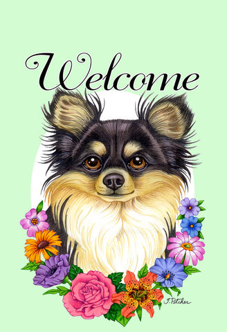 Chihuahua Longhaired Black/White - Best of Breed Welcome Flowers Garden Flag 12" x 17"