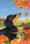Dachshund  Black/Tan Longhaired - Tomoyo Pitcher Autumn Leaves Outdoor Flag