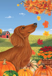 Dachshund  Red Longhaired  -  Tomoyo Pitcher Autumn Leaves Outdoor Flag