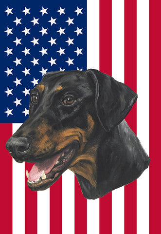 Doberman Black/Tan Uncropped - Best of Breed American Flags House and Garden Size