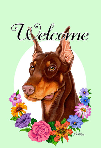Doberman Red Cropped  - Best of Breed Welcome Flowers Garden Flag 12" x 17"