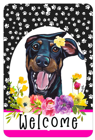 Doberman B/T Uncropped - HHS Paw Prints Welcome Indoor/Outdoor Aluminum Sign 8" x 12"