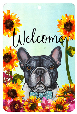 French Bulldog Black/White - HHS Welcome Indoor/Outdoor Aluminum Sign 8" x 12"