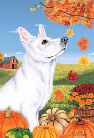 German Shepherd White- Tomoyo Pitcher Autumn Leaves Outdoor Flag