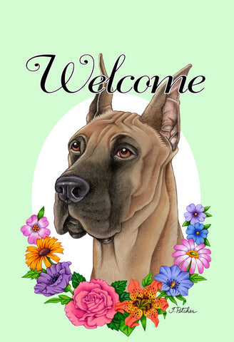 Great Dane Fawn Cropped - Best of Breed Welcome Flowers Garden Flag 12" x 17"