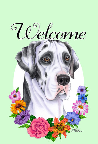 Great Dane Harlequin Uncropped - Best of Breed Welcome Flowers Garden Flag 12" x 17"