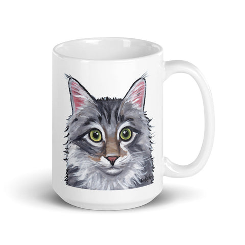 Grey Fluffy Cat Mug, Cat Coffee Mug, 15oz Grey Fluffy Cat Mug