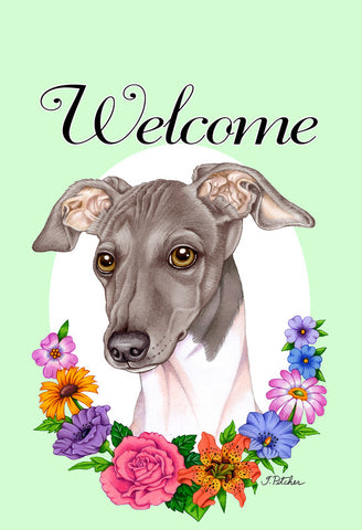 Italian Greyhound Blue/White - Best of Breed Welcome Flowers Garden Flag 12" x 17"