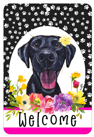 Black Labrador - HHS Paw Prints Welcome Indoor/Outdoor Aluminum Sign 8" x 12"