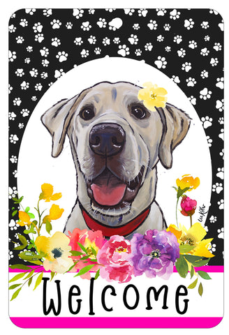 Labrador Yellow/White - HHS Paw Prints Welcome Indoor/Outdoor Aluminum Sign 8" x 12"