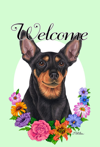 Miniature Pincsher  Black/Tan Cropped- Best of Breed Welcome Flowers Garden Flag 12" x 17"