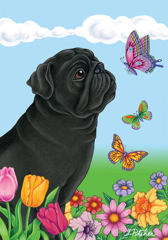 Pug  Black- Best of Breed Butterfly Garden Flag 12" x 17"