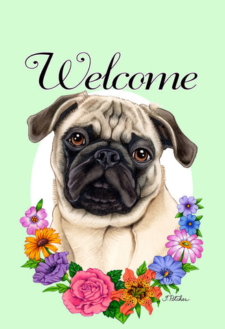 Pug  Fawn- Best of Breed Welcome Flowers Garden Flag 12" x 17"