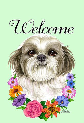Shih Tzu Puppy Cut - Best of Breed Welcome Flowers Garden Flag 12" x 17"
