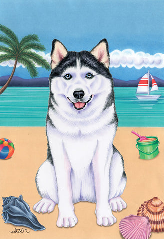 Siberian Husky Black/White- Tomoyo Pitcher Summer Beach Garden Flag 12" x 17"