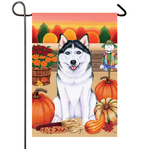 Siberian Husky Black/White- Best of Breed Autumn Harvest Garden Flag 12" x 17"