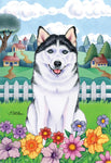 Siberian Husky Black/White- Tomoyo Pitcher Spring Garden Flag 12" x 17"