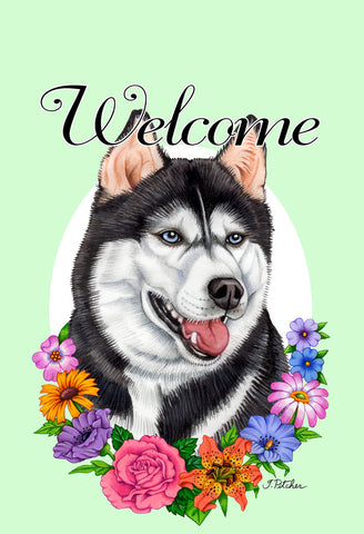 Siberian Husky Black/White- Best of Breed Welcome Flowers Garden Flag 12" x 17"