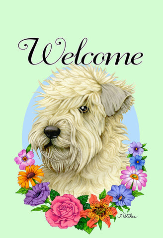 Soft Coated Wheaton Terrier- Best of Breed Welcome Flowers Garden Flag 12" x 17"