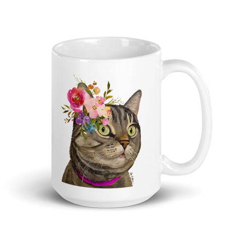 Cat Mug 'Grey Tabby', Cat Coffee Mug, 15oz Bright Blooms Cat Mug
