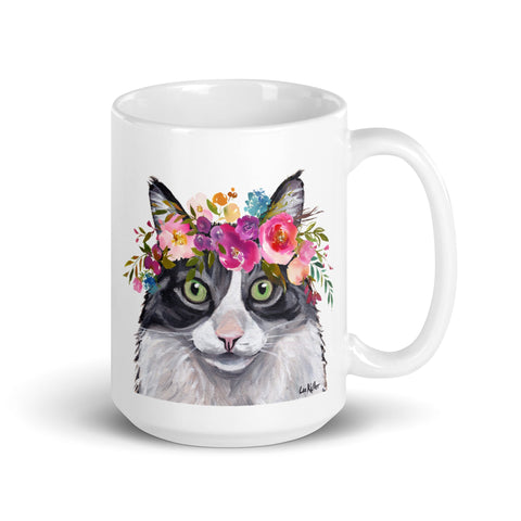 Cat Mug 'Fluffy Cat', Cat Coffee Mug, 15oz Bright Blooms Cat Mug