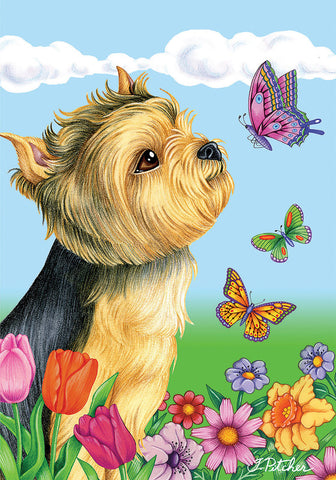 Yorkie Puppy Cut - Best of Breed Butterfly Garden Flag 12" x 17"