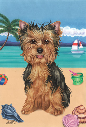 Yorkie Puppy Cut - Tomoyo Pitcher Summer Beach Garden Flag 12" x 17"