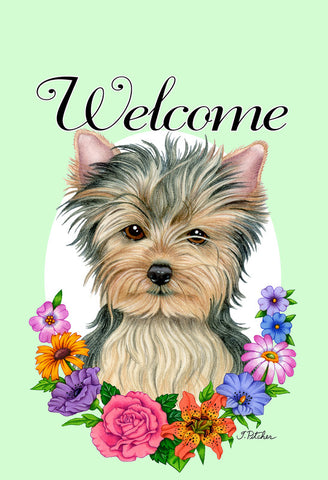Yorkie Puppy Cut- Best of Breed Welcome Flowers Garden Flag 12" x 17"